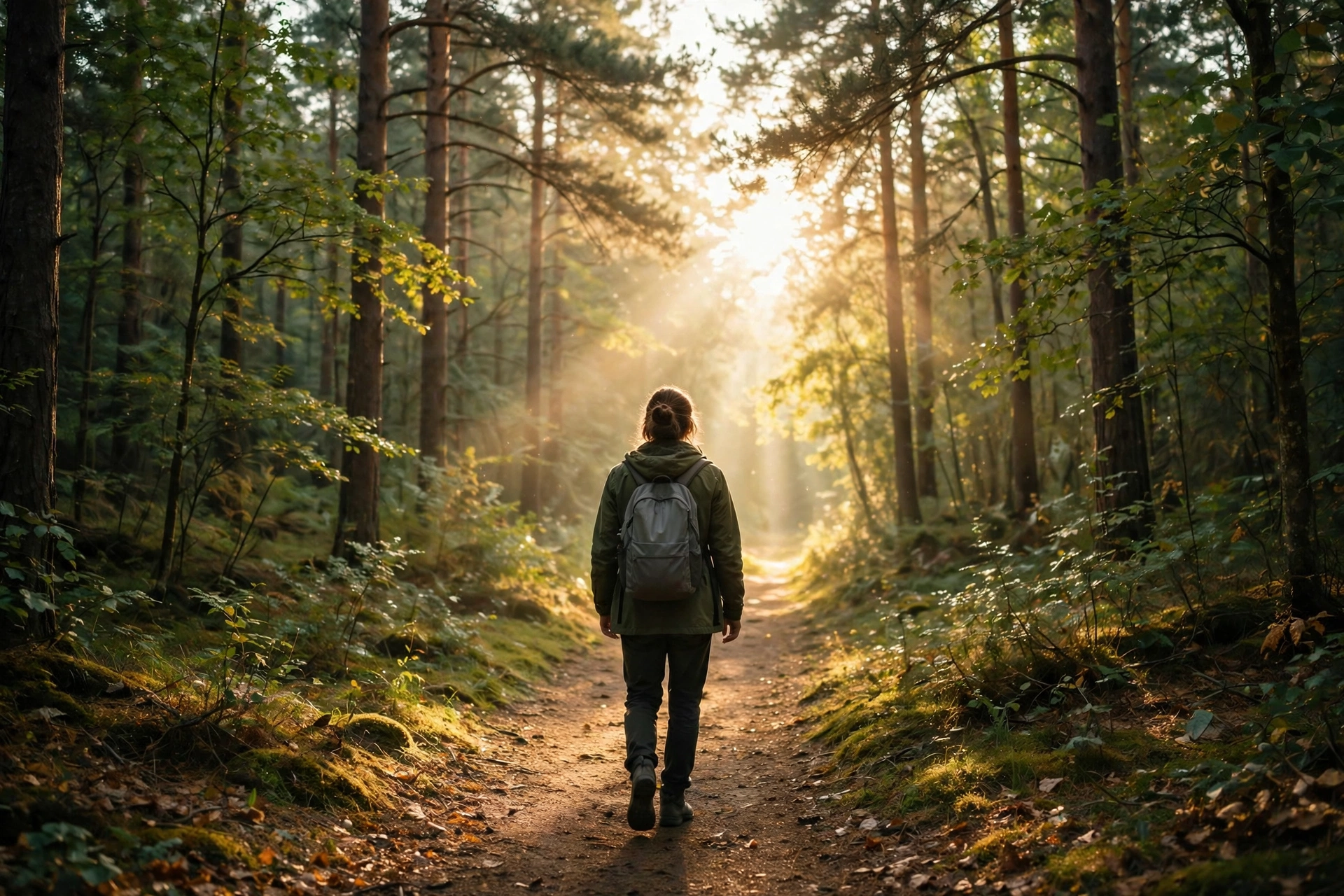 Person walking a forest path toward sunlight — mental health awareness and resilience journey