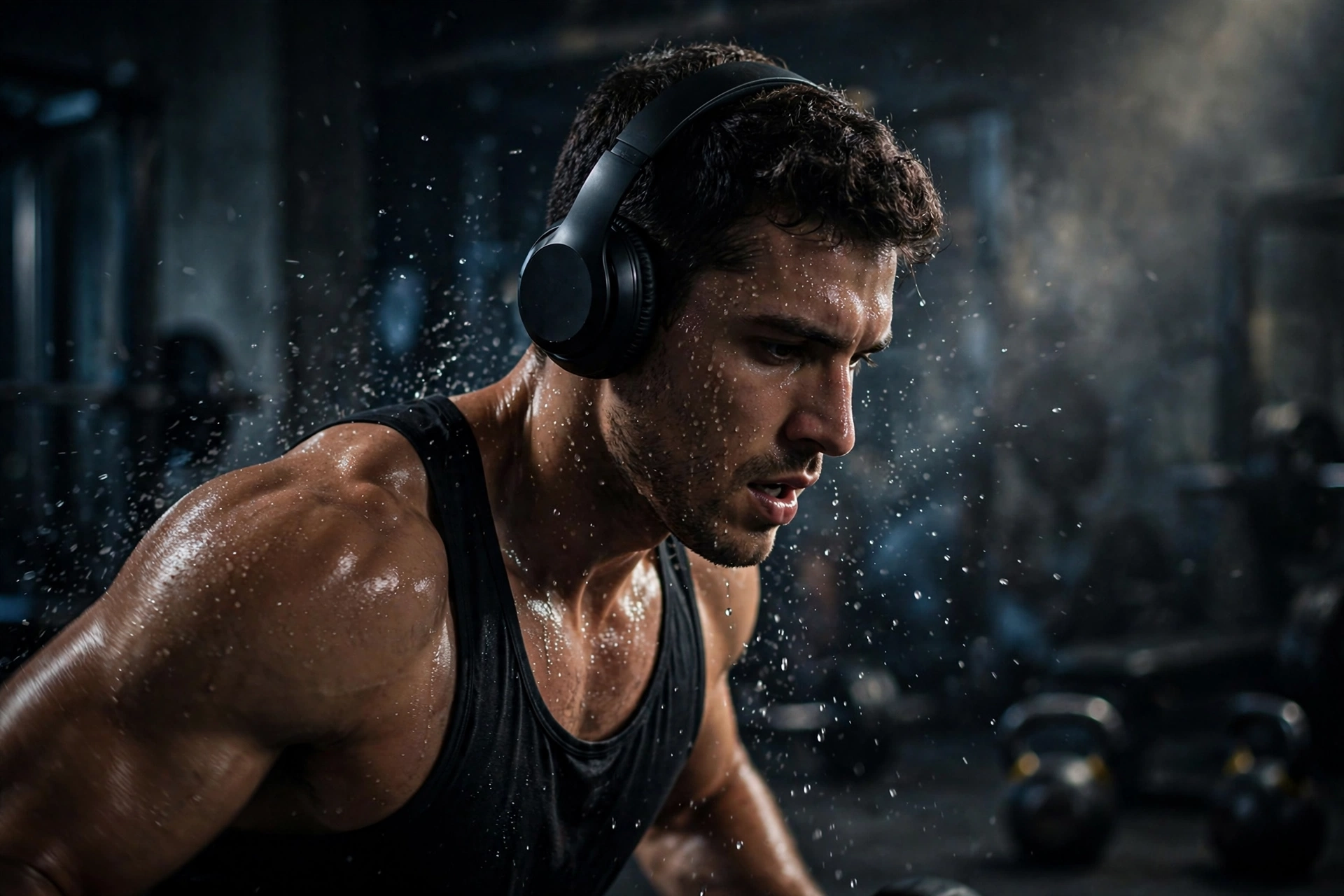 Athlete wearing sweat-resistant Beats 360 headphones during gym workout