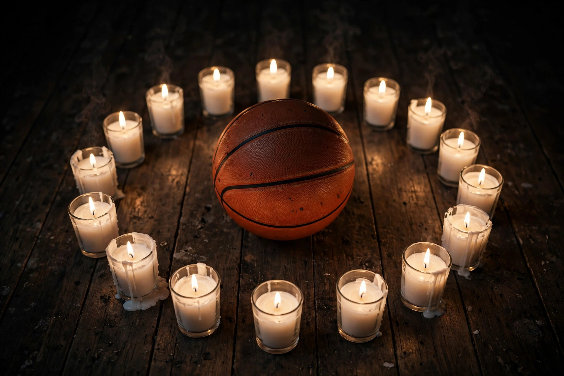 Chris Spatola remembrance - candles lit in memory around a basketball, memorial tribute