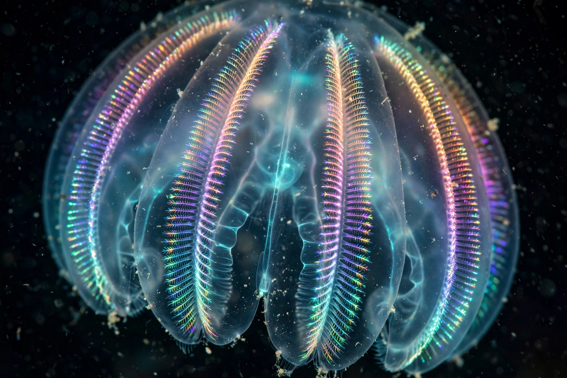 Bioluminescent comb jelly glowing in the deep sea darkness