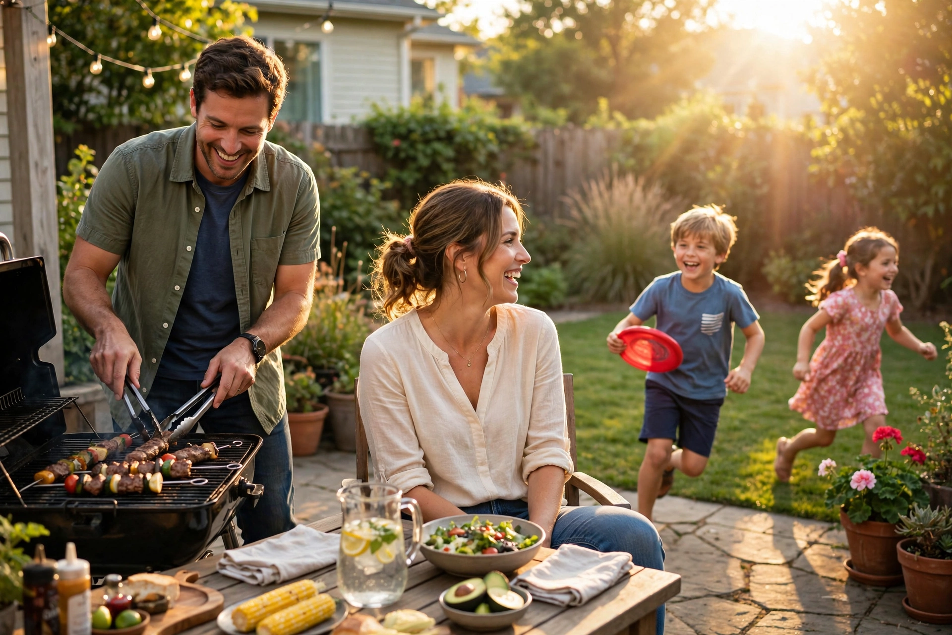 A family enjoying an outdoor evening barbecue in bright late-day sunlight made possible by permanent daylight savings time