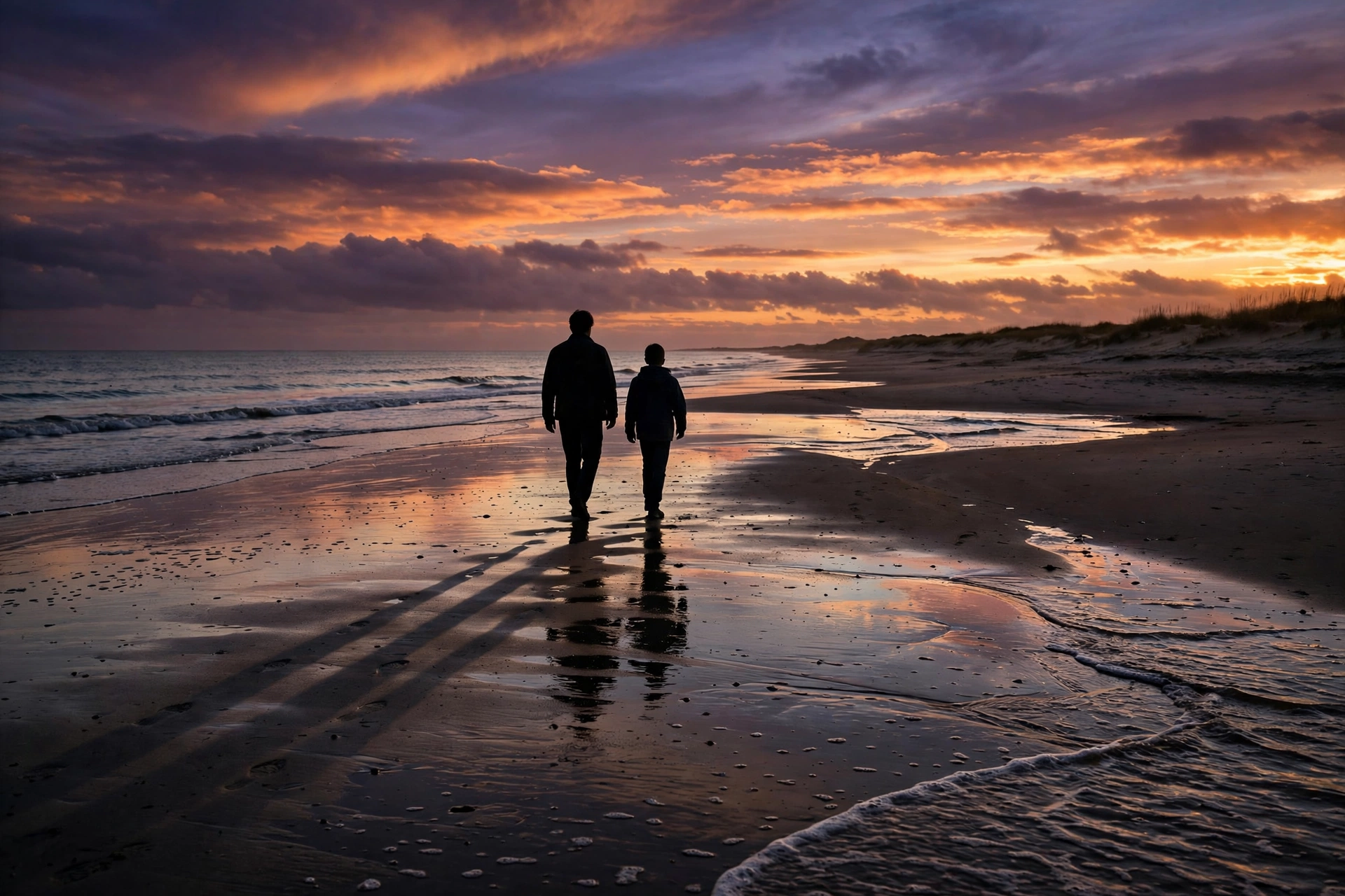 Two silhouettes walking on a quiet beach at sunset, honoring family grief in privacy