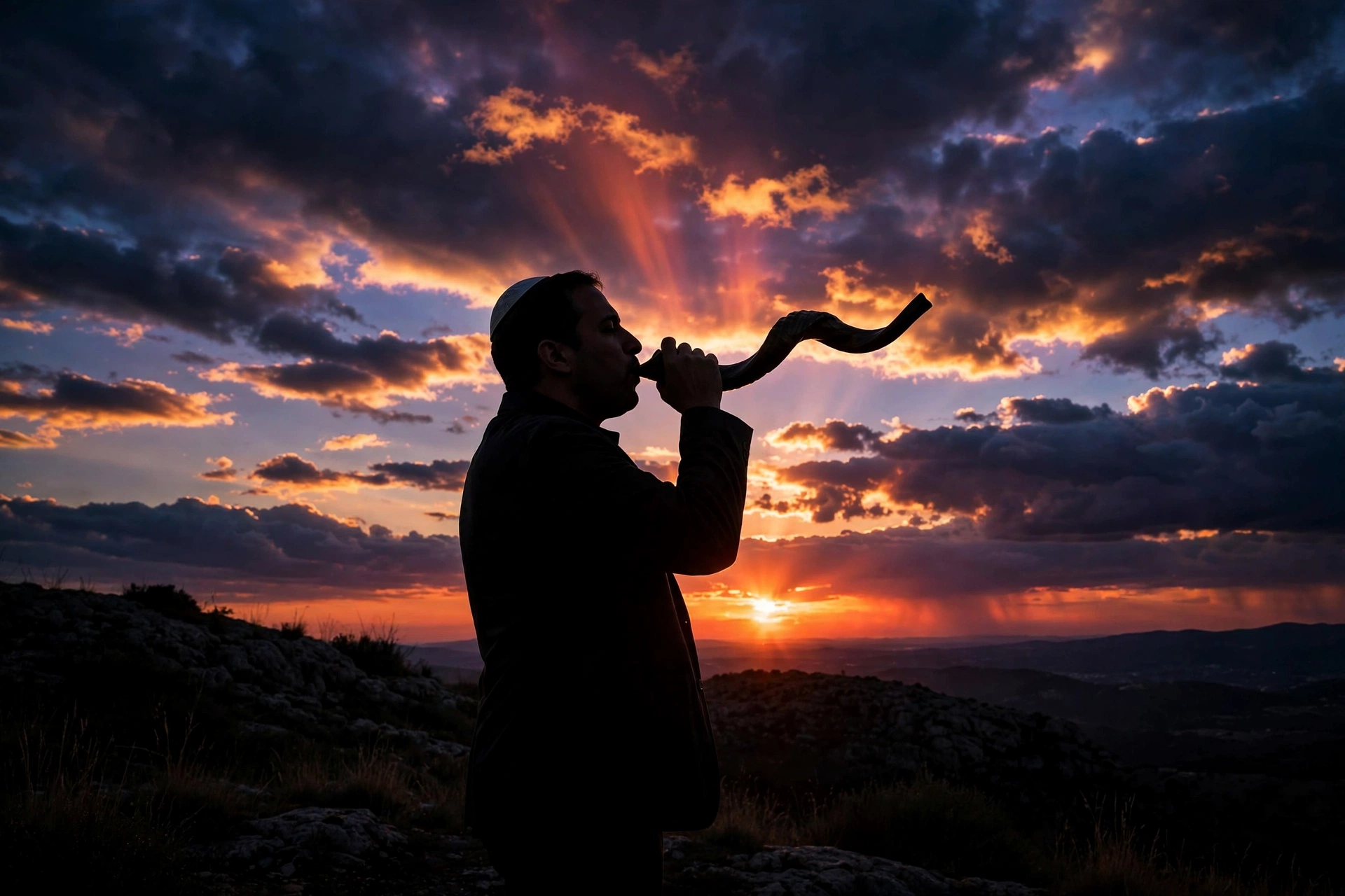 A shofar being blown at nightfall to end Yom Kippur 2026
