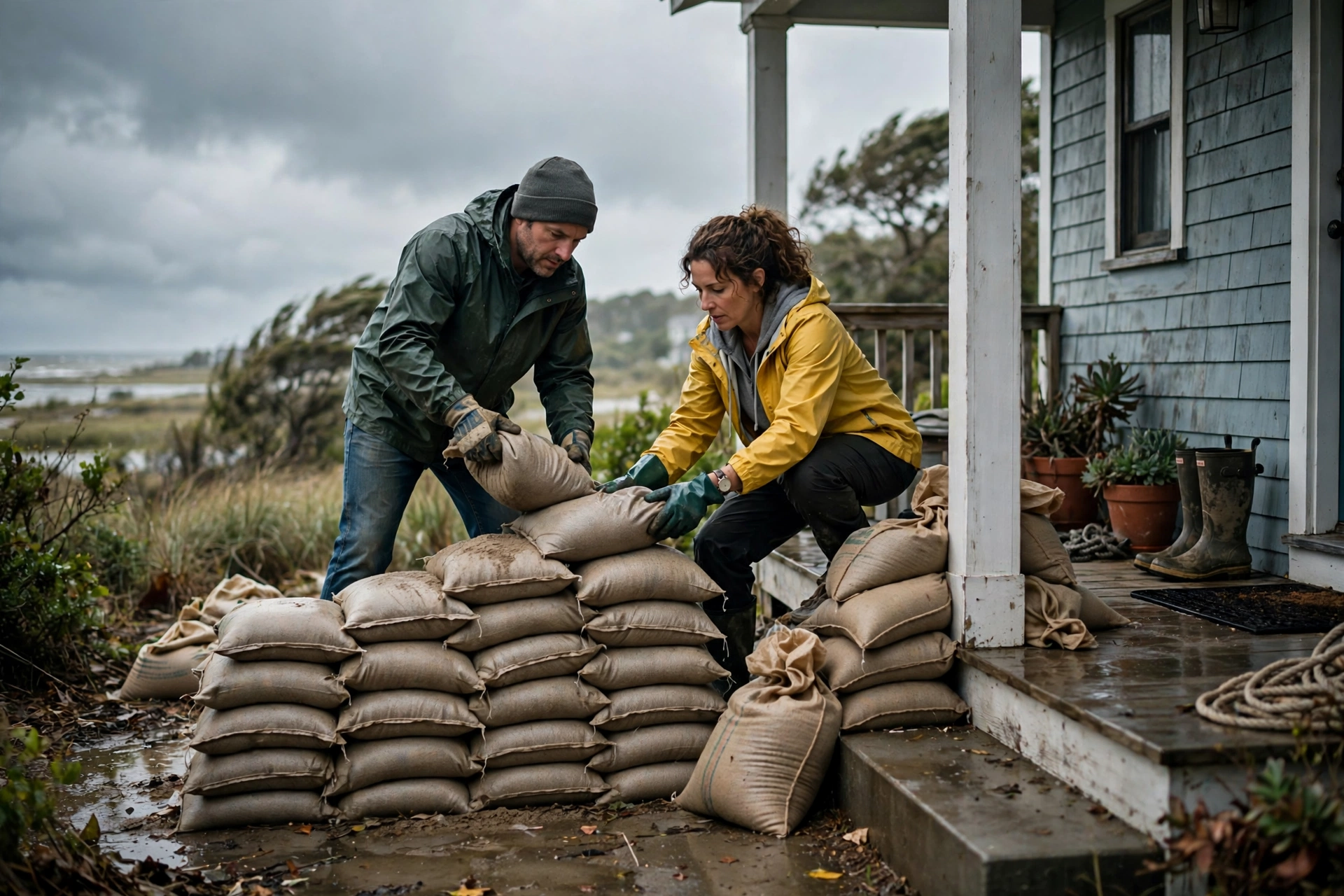 Sandbag storm preparation at a coastal home before a nor'easter storm
