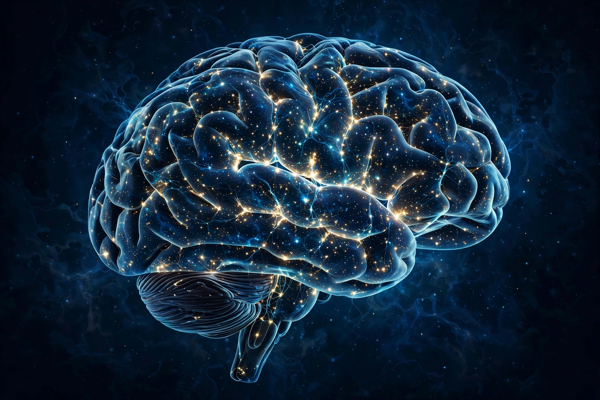 Close-up illustration of human neurons forming synapses and neural circuits inside half-human brain mice