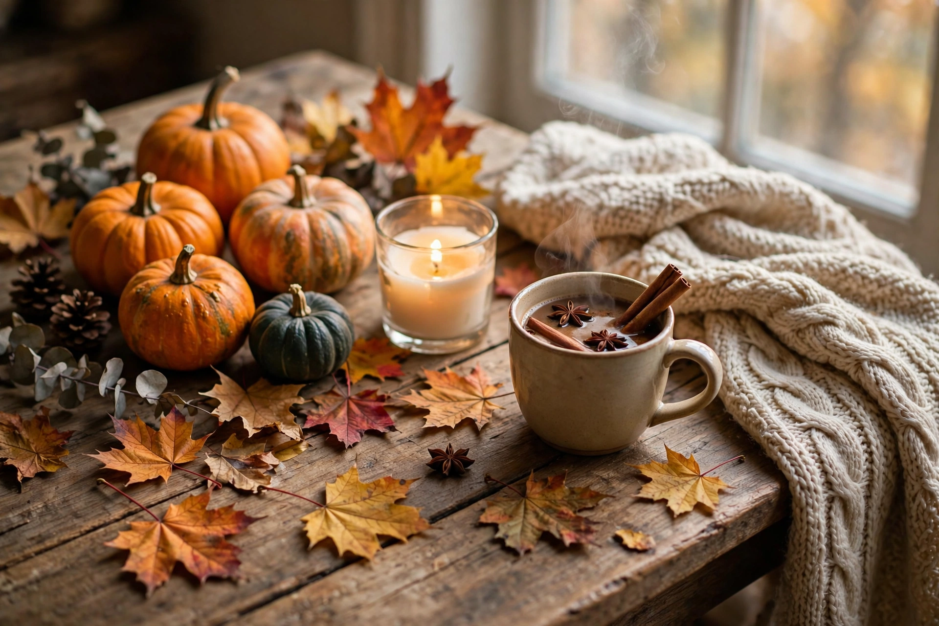 Fall foliage colors and cozy autumn decor for the first day of fall