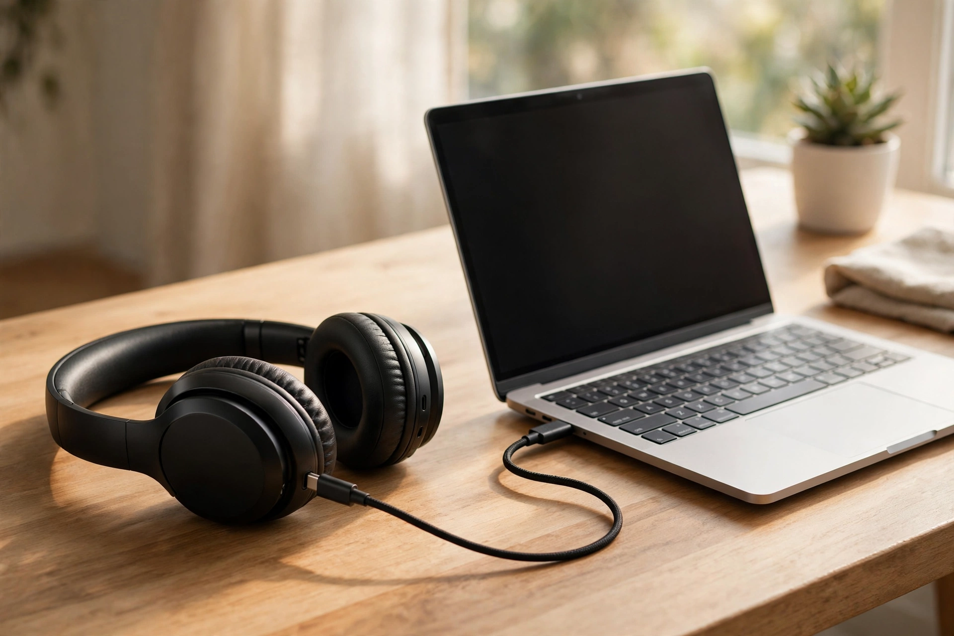 Beats 360 headphones charging via USB-C fast charge on desk