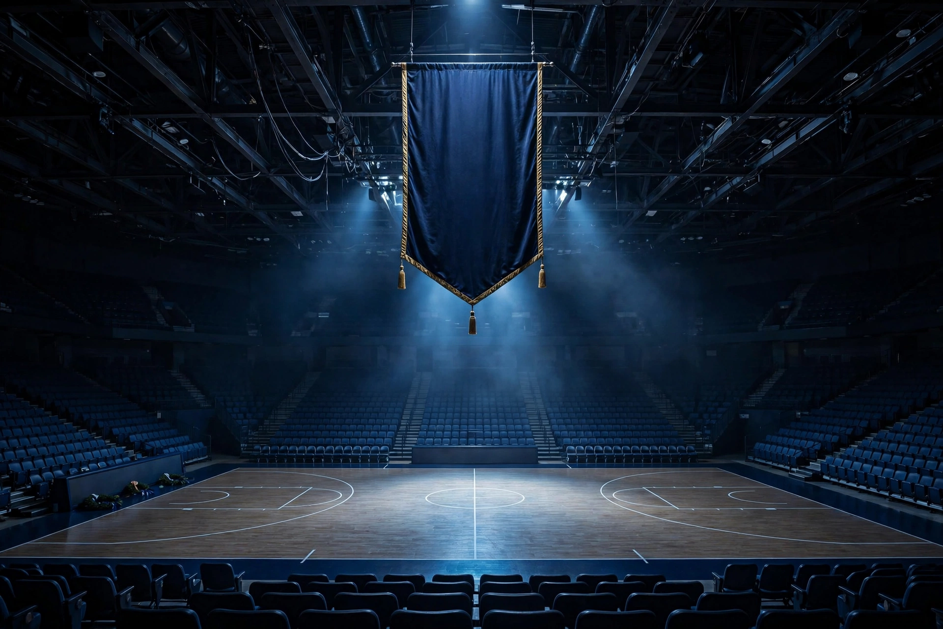 Chris Spatola legacy - college basketball arena with retired-style jersey banner under arena lights