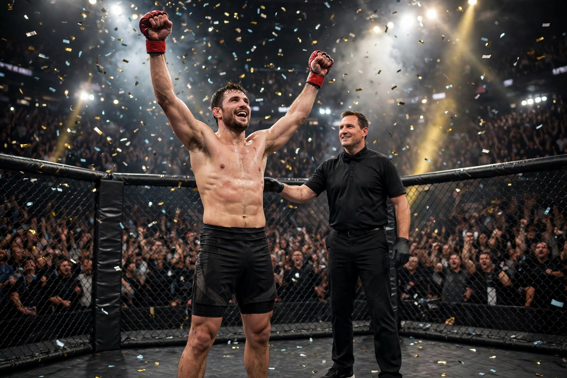 Referee raises Sean Sharaf hand in victory after UFC 331 knockout in Los Angeles
