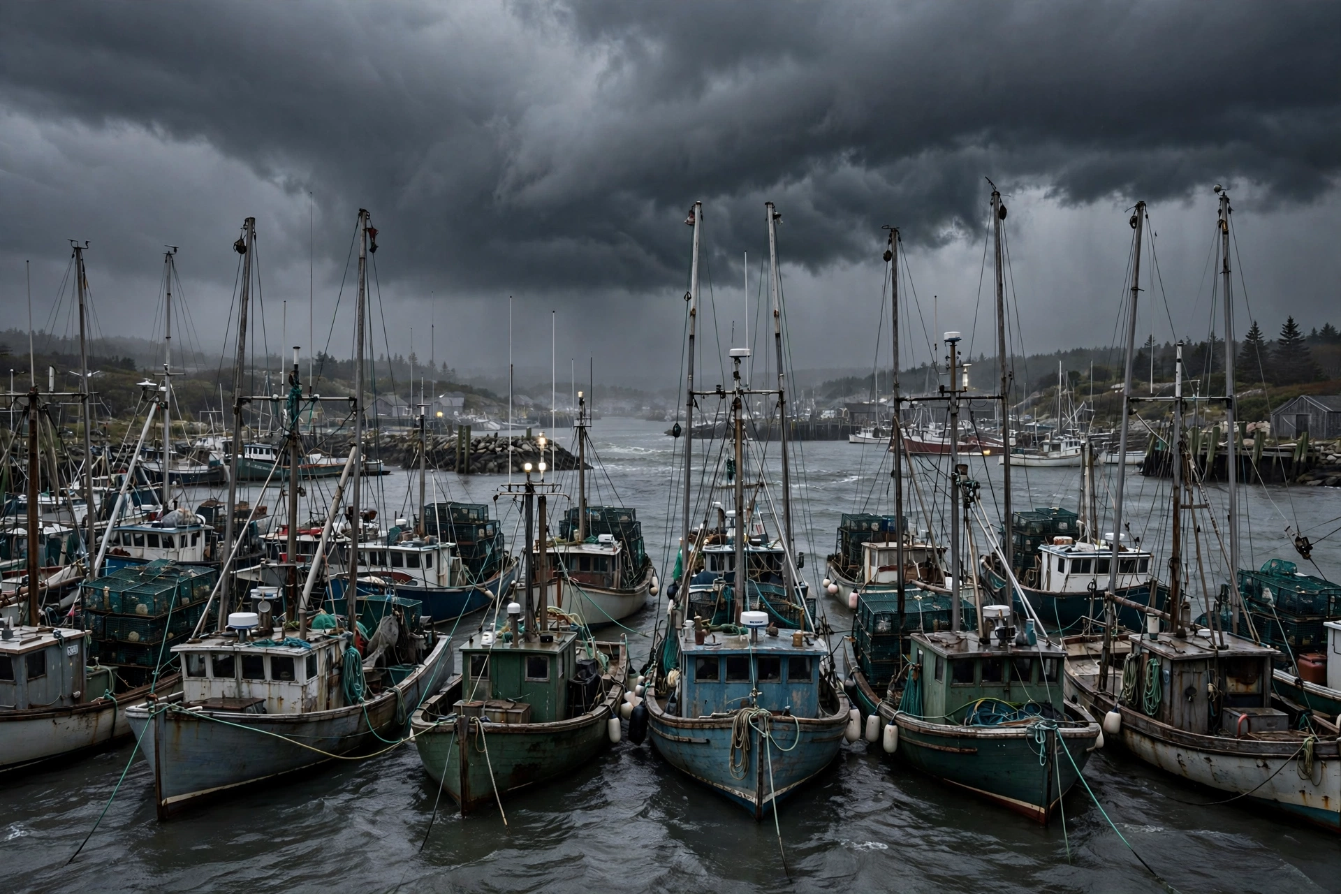 Fishing boats anchored in a harbor ahead of a nor'easter storm