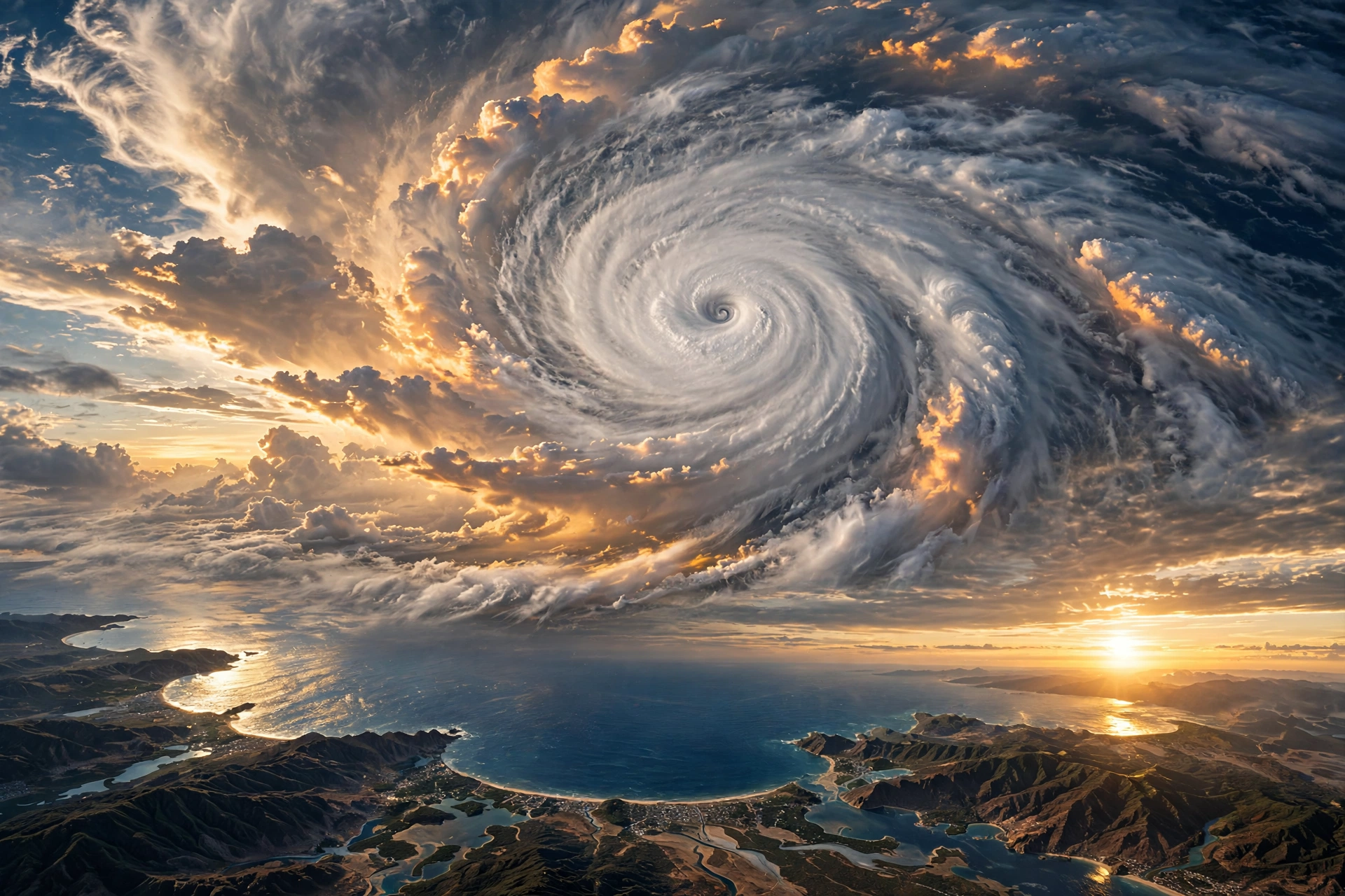 Satellite view of Hurricane Polo with clear spiral bands approaching the Mexican coastline at sunset