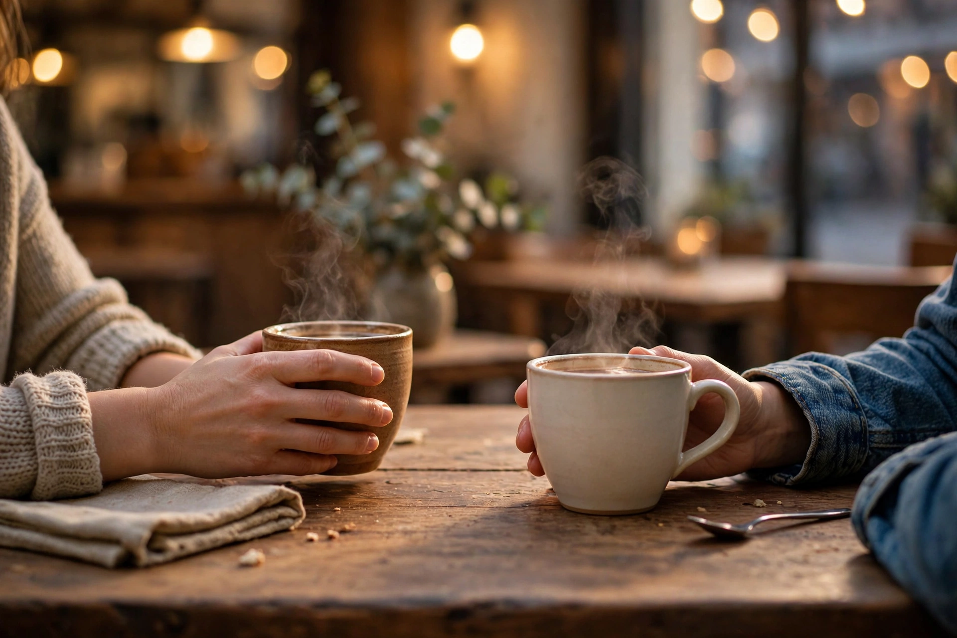 Two friends sharing coffee and an honest conversation at a table during Suicide Prevention Awareness Month
