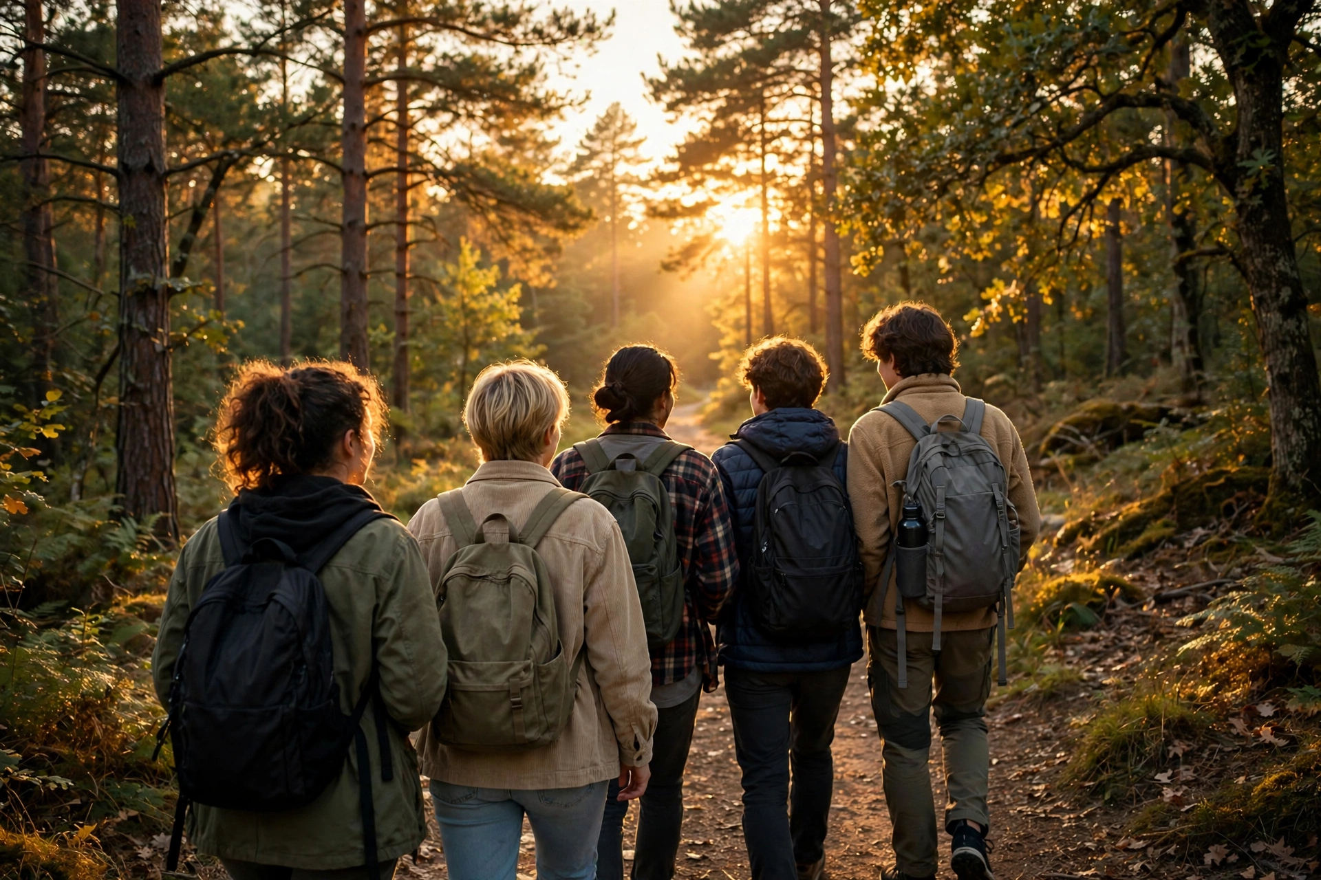 Group of friends walking together on a sunlit forest path, symbolizing you are not alone during Suicide Prevention Awareness Month