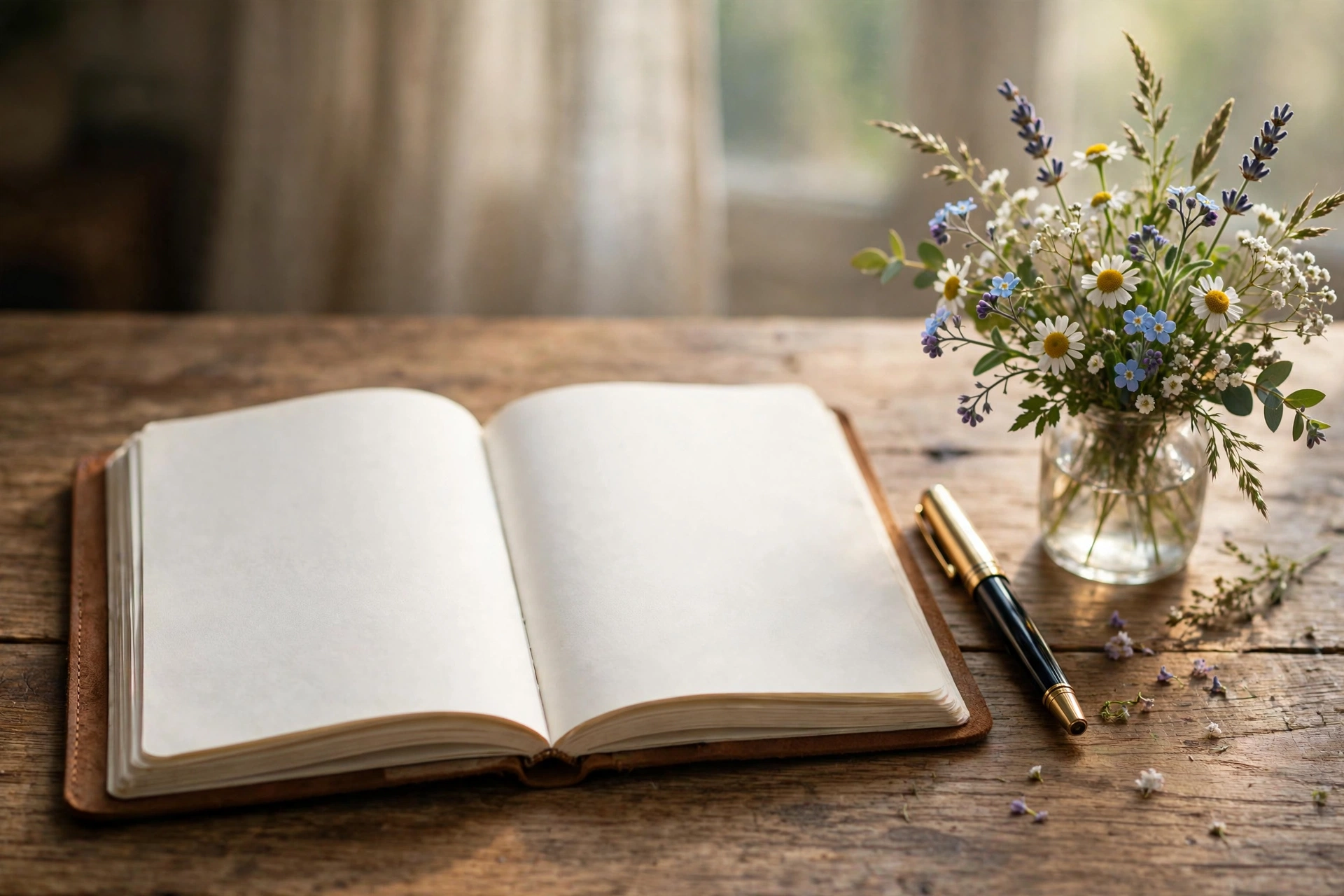 Open journal with a pen and wildflowers on a desk, for writing supportive messages during Suicide Prevention Awareness Month