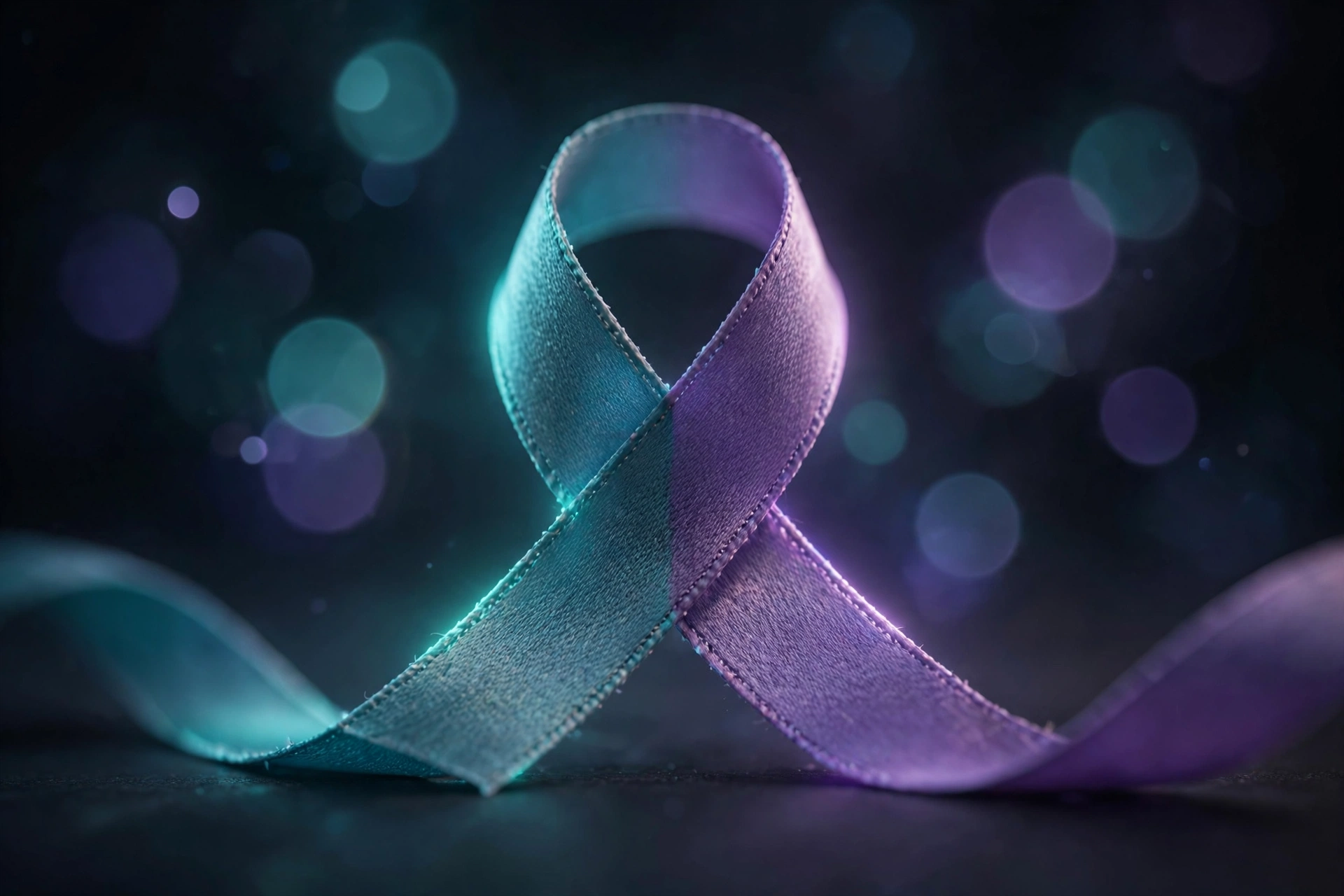 Teal and purple awareness ribbon glowing softly, the colors of Suicide Prevention Awareness Month