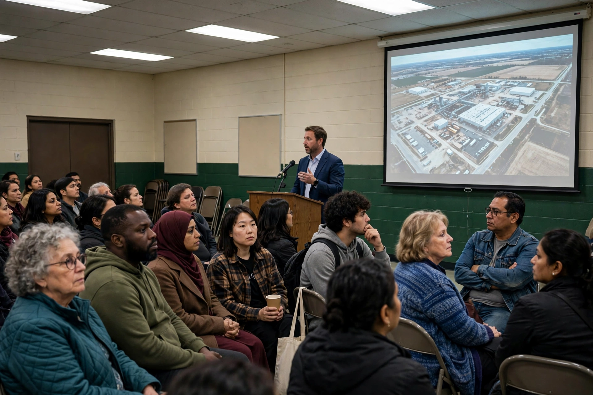 Community town hall meeting about data center construction and the Senate data center bill