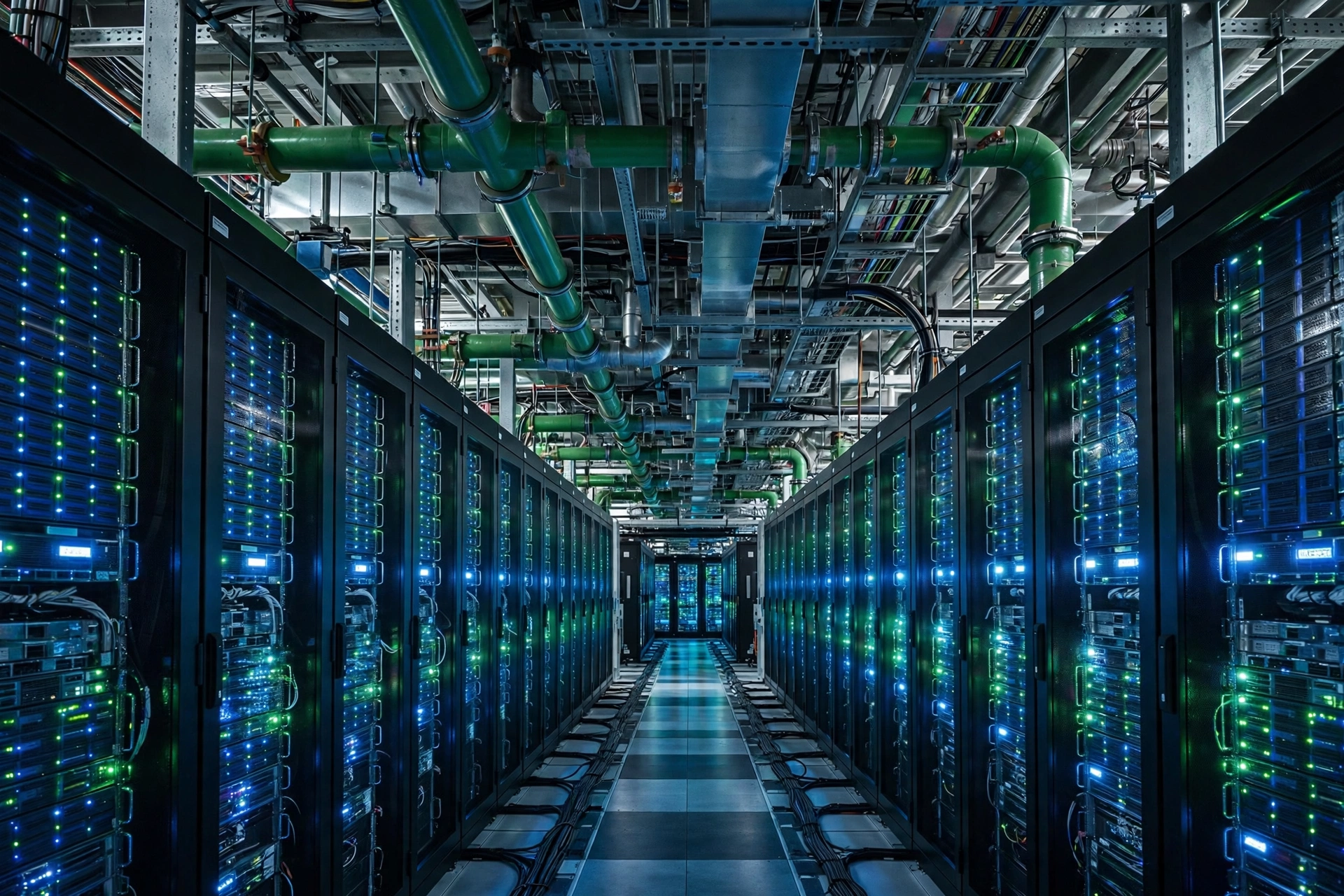 Rows of server racks inside a hyperscale data center facility driving the Senate data center bill debate