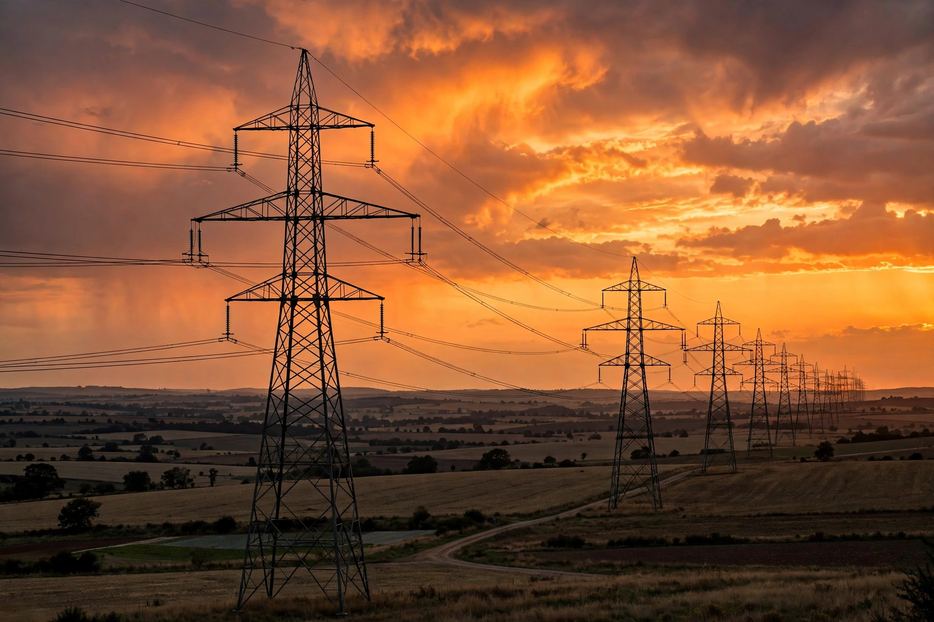 High-voltage transmission lines at sunset representing grid upgrades tied to the Senate data center bill