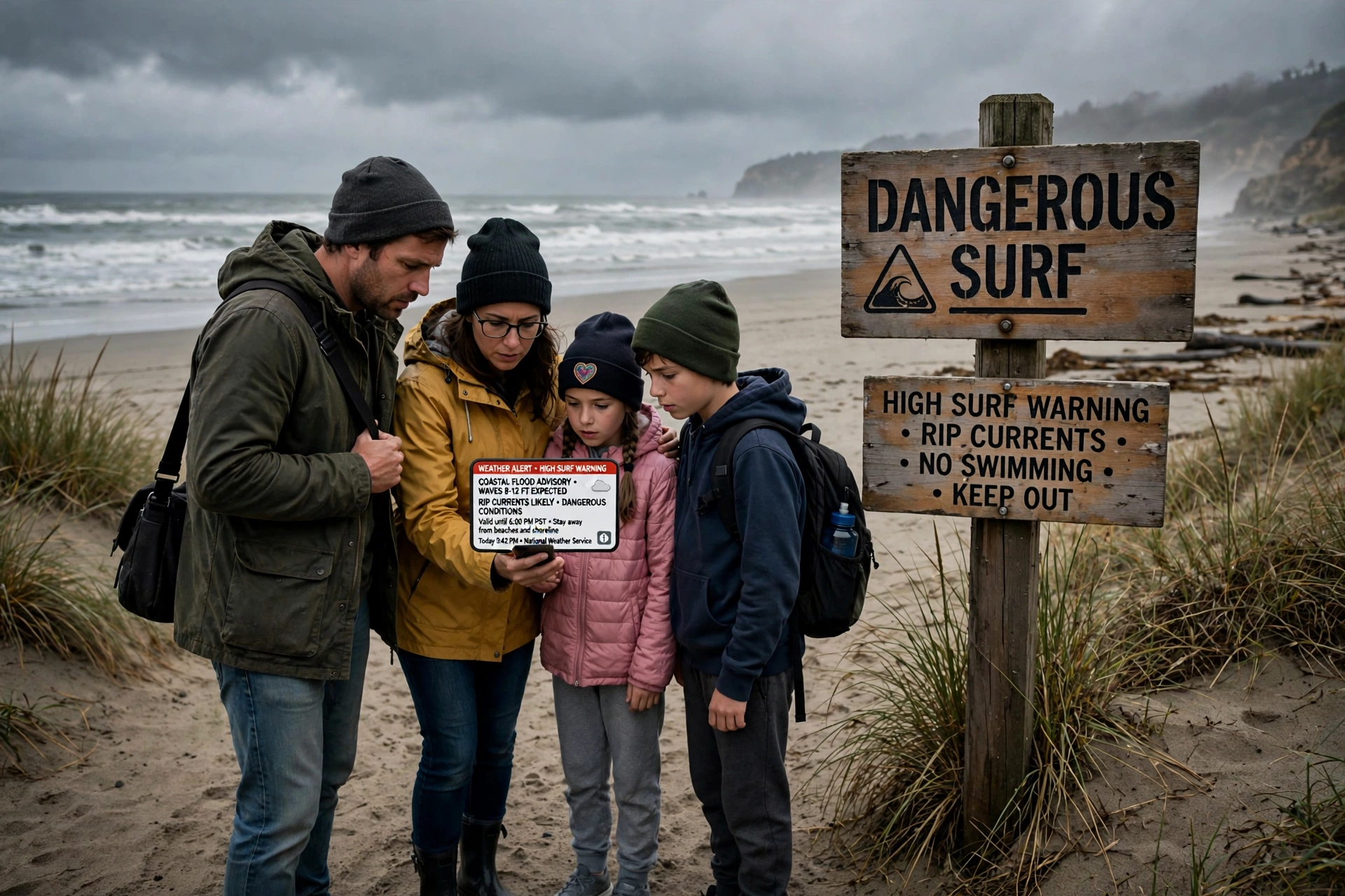 Family reviewing a beach safety checklist before entering the water under a beach hazards statement