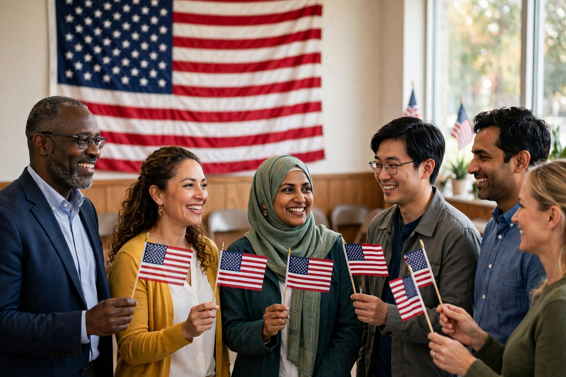 New U.S. citizens holding American flags at a naturalization ceremony during Constitution Week