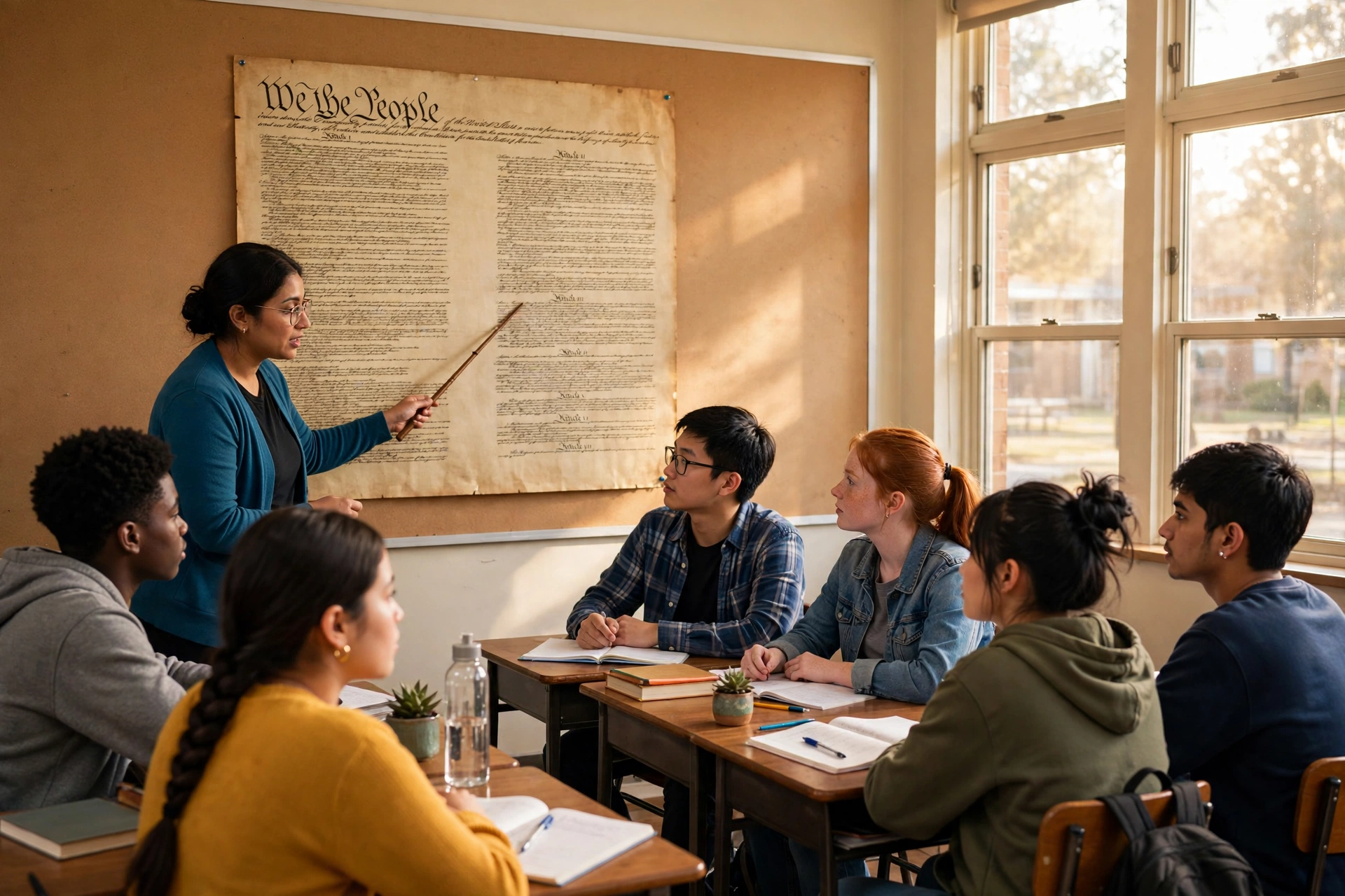 Students learning about the U.S. Constitution in a classroom on Constitution Day