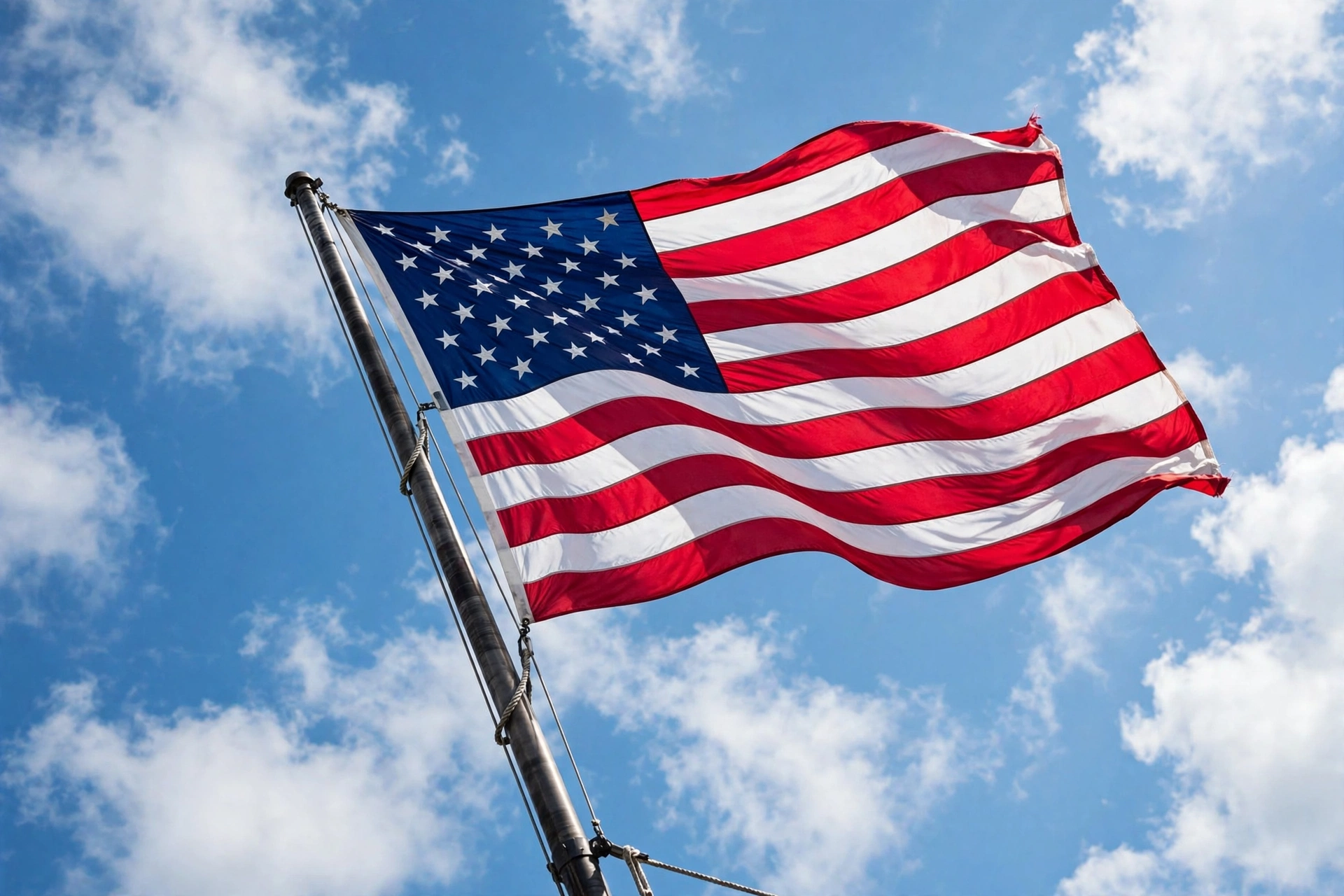 American flag waving against a blue sky