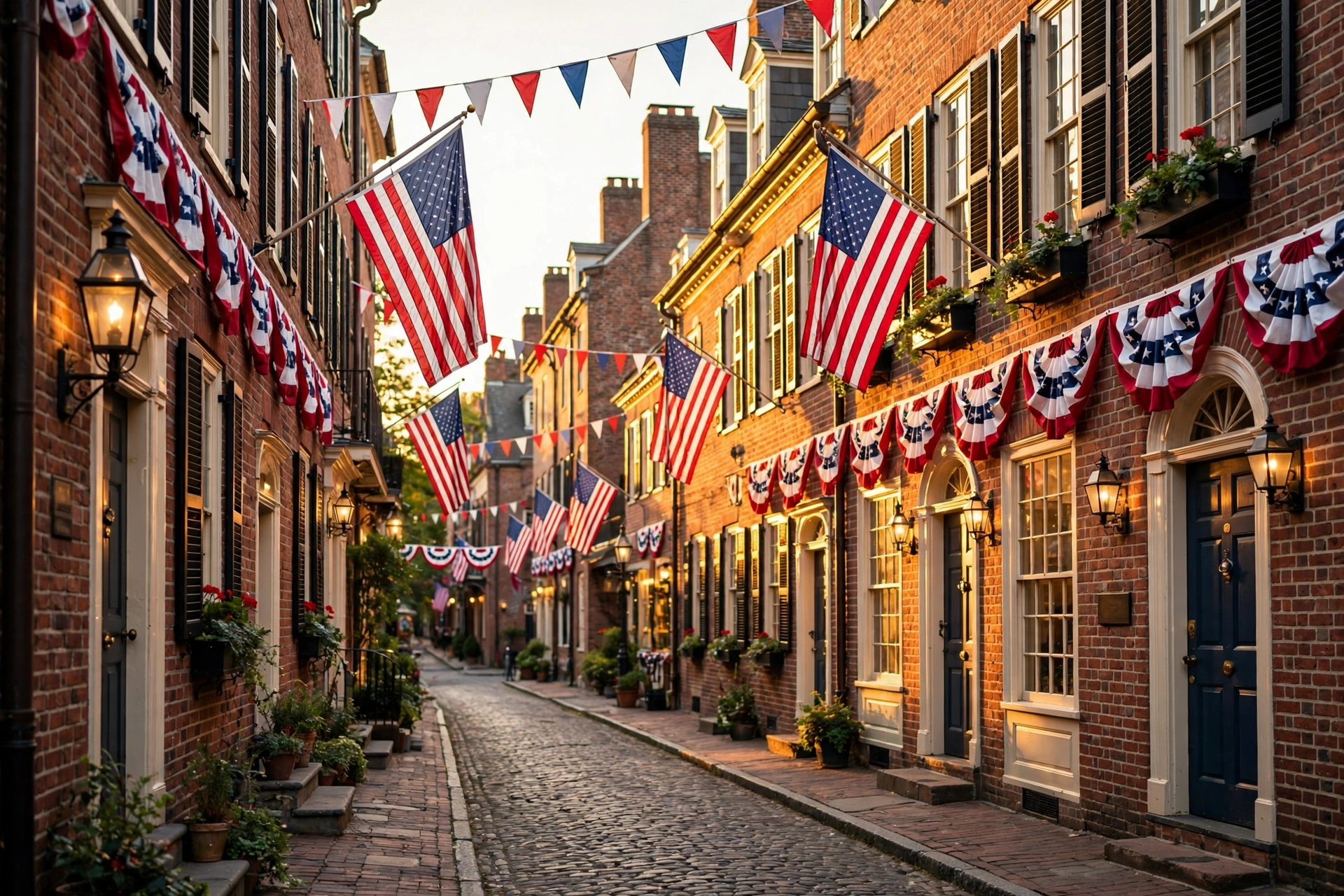 Historic Philadelphia street decorated with American flags for Constitution Week