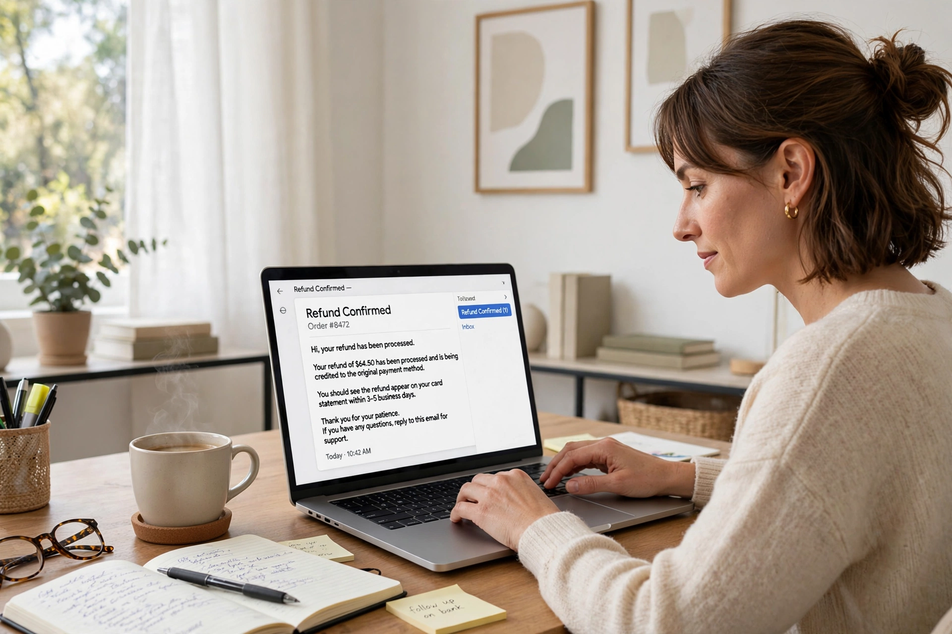 Customer checking email for Amazon settlement payment eligibility on a laptop