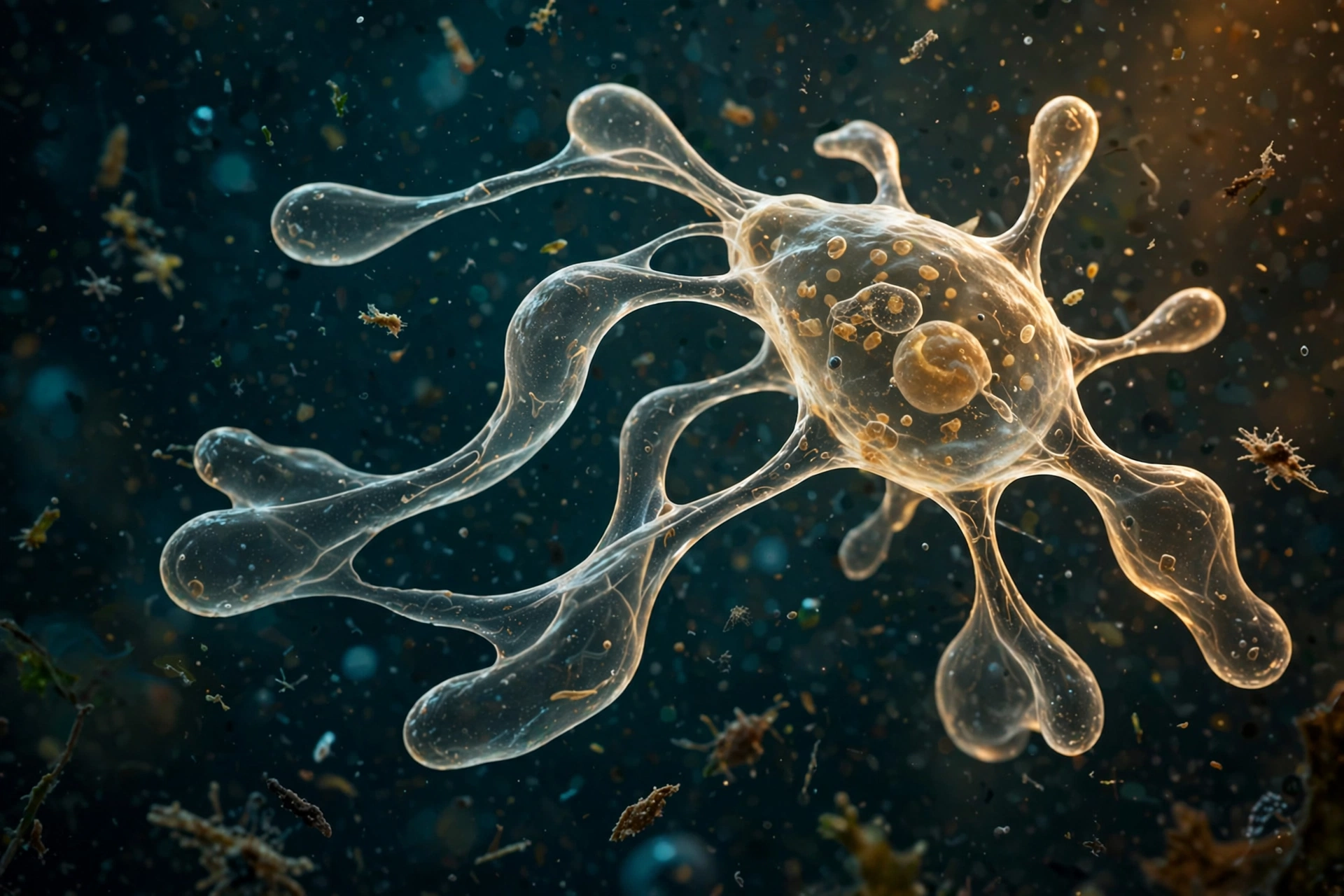 Microscopic view of the brain eating amoeba Naegleria fowleri with brain eating amoeba symptoms warning concept
