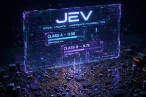 Jev AI model launch — glowing probability hologram above a circuit board