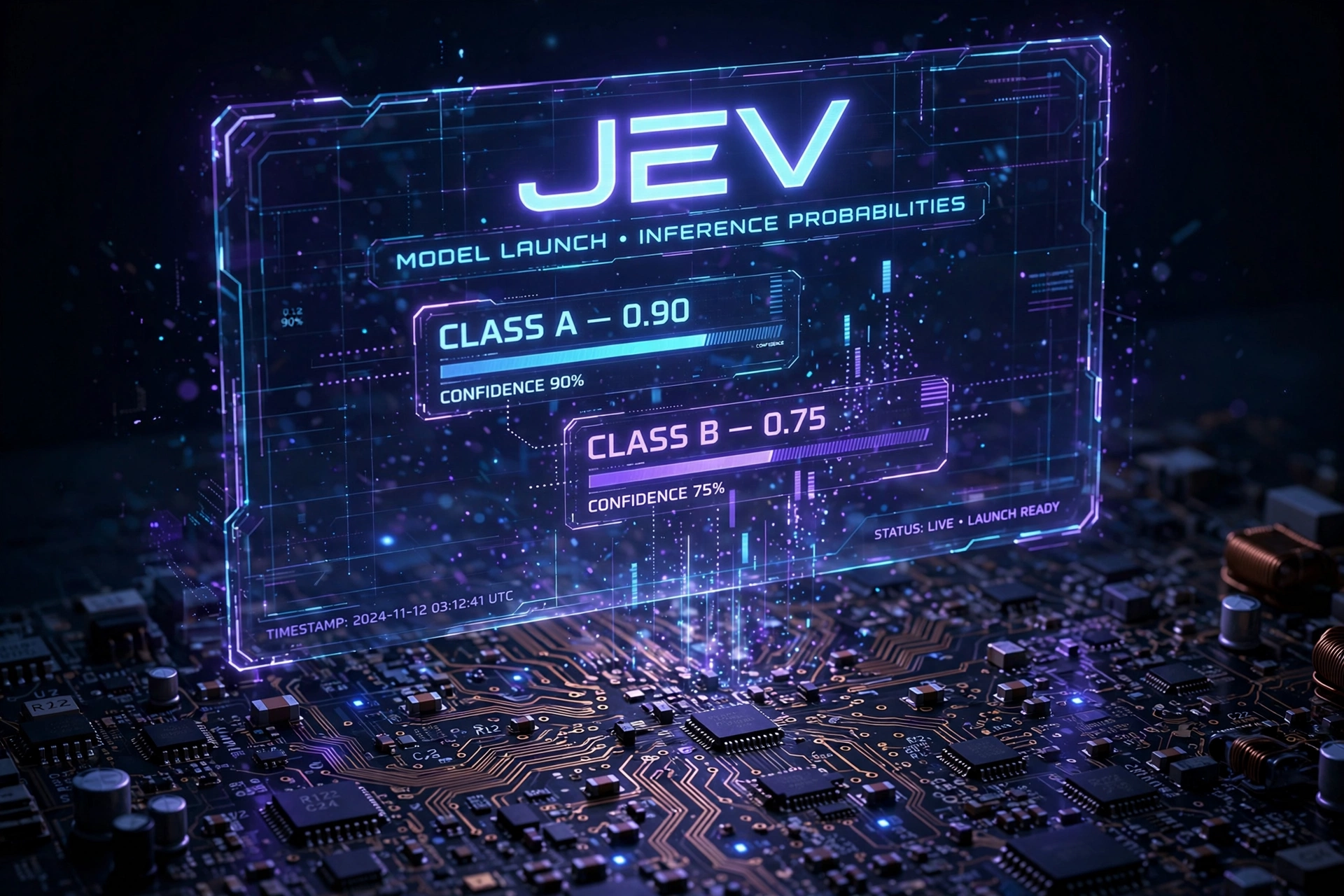 Jev AI model launch — glowing probability hologram above a circuit board