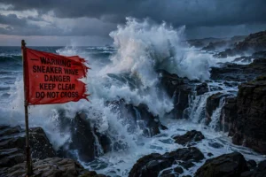 Powerful sneaker wave crashing on a beach during a beach hazards statement alert