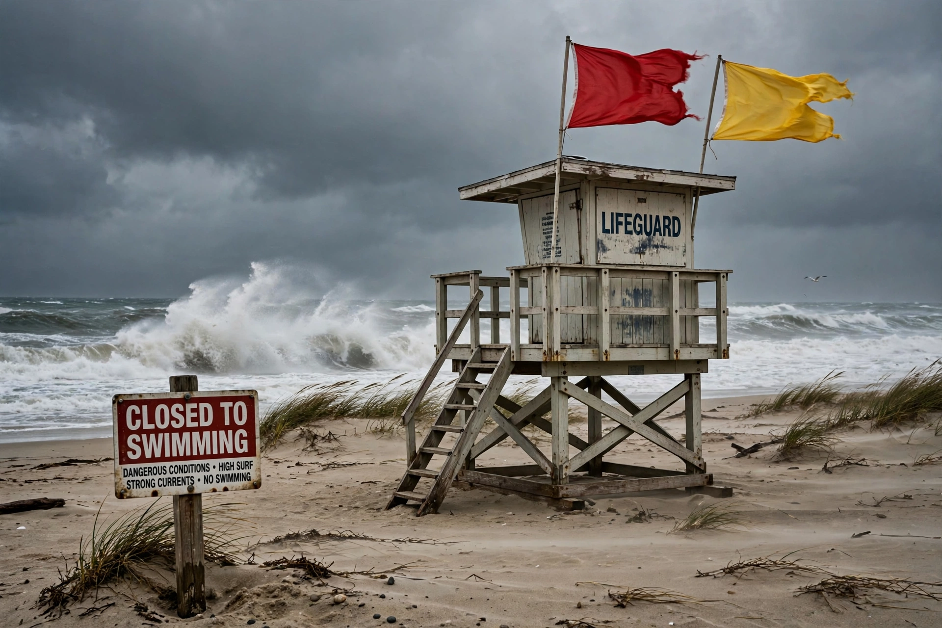 Lifeguard warning flags flying on a beach during a beach hazards statement