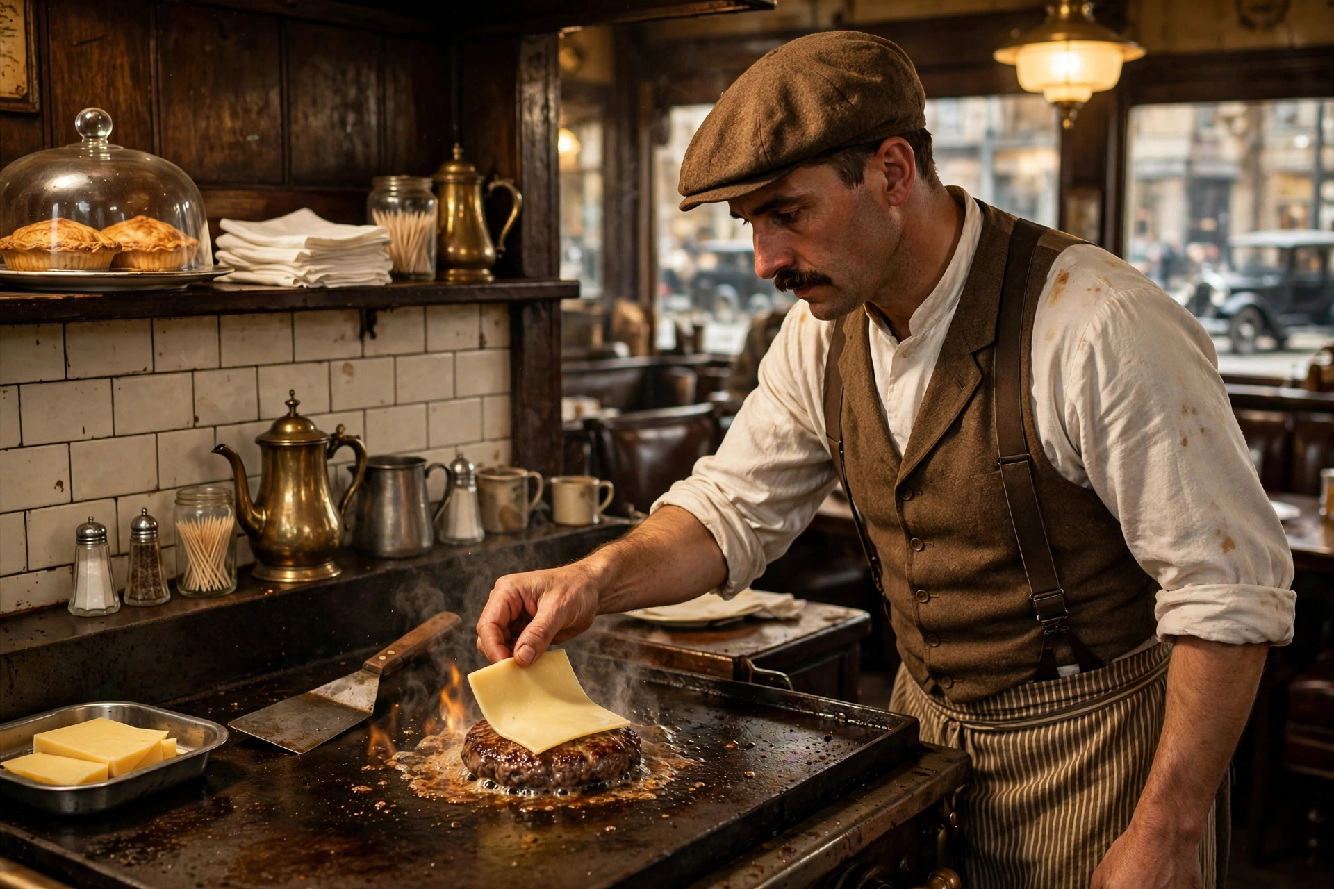 Cook in a 1920s-style diner placing a slice of cheese on a sizzling burger patty on a grill