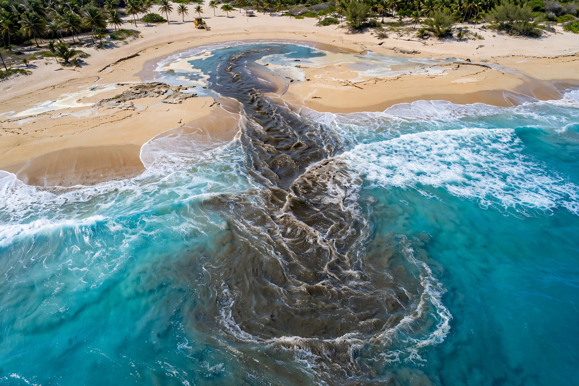 Aerial view of a rip current channel with discolored water pulling away from shore during a beach hazards statement