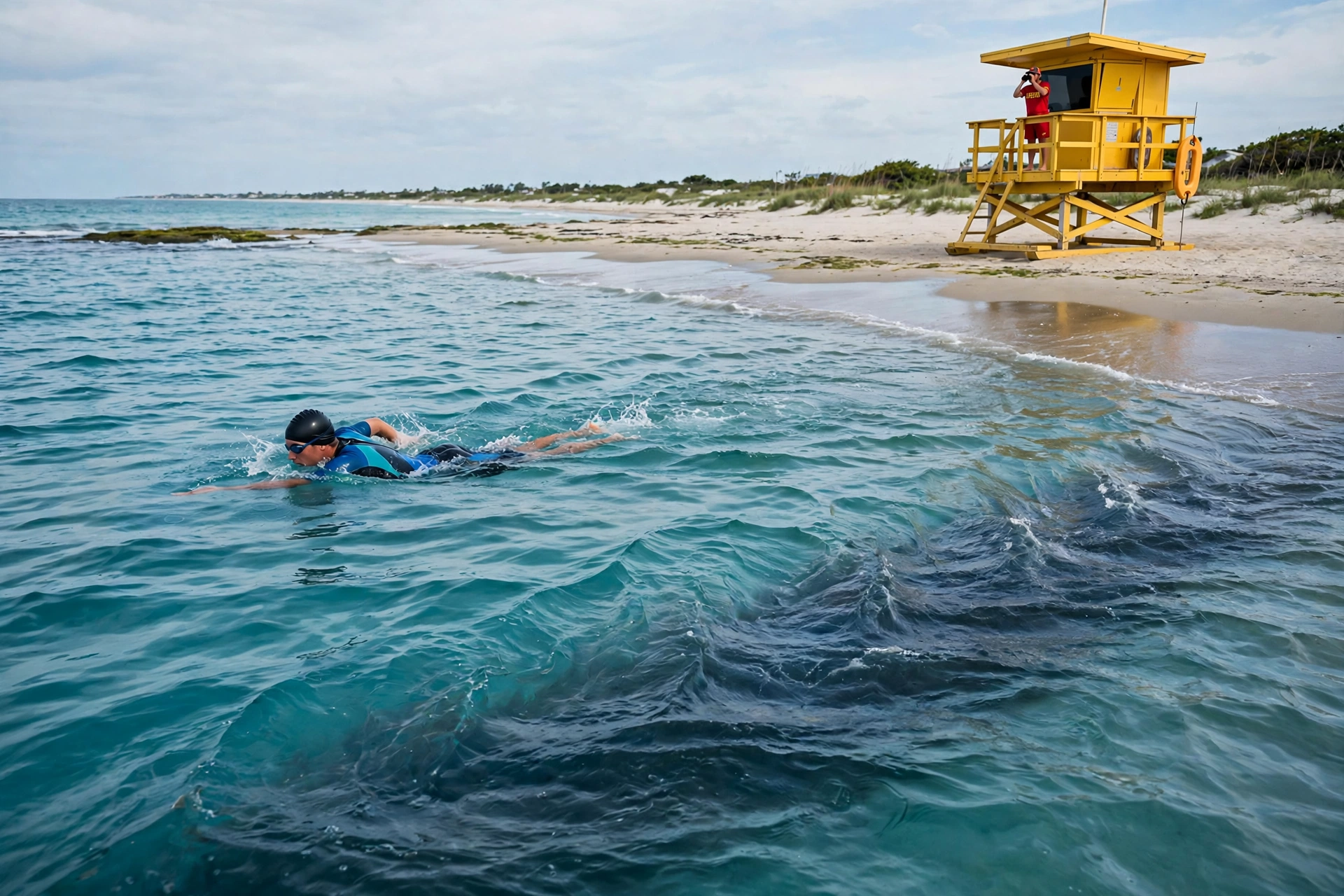 Diagram showing rip current escape technique swimming parallel to shore during a beach hazards statement