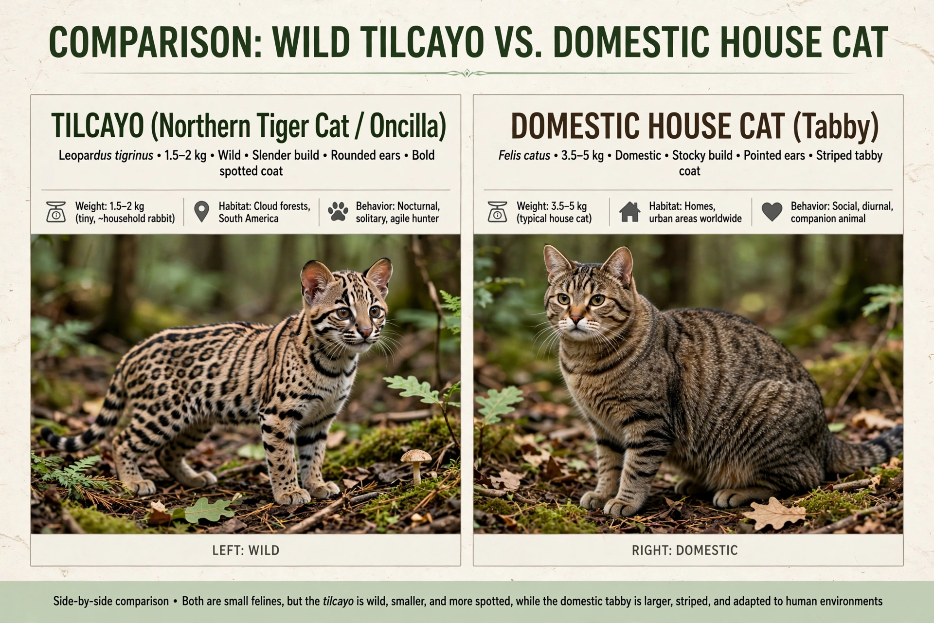 Comparison illustration showing the small spotted tilcayo tiger cat versus a domestic house cat