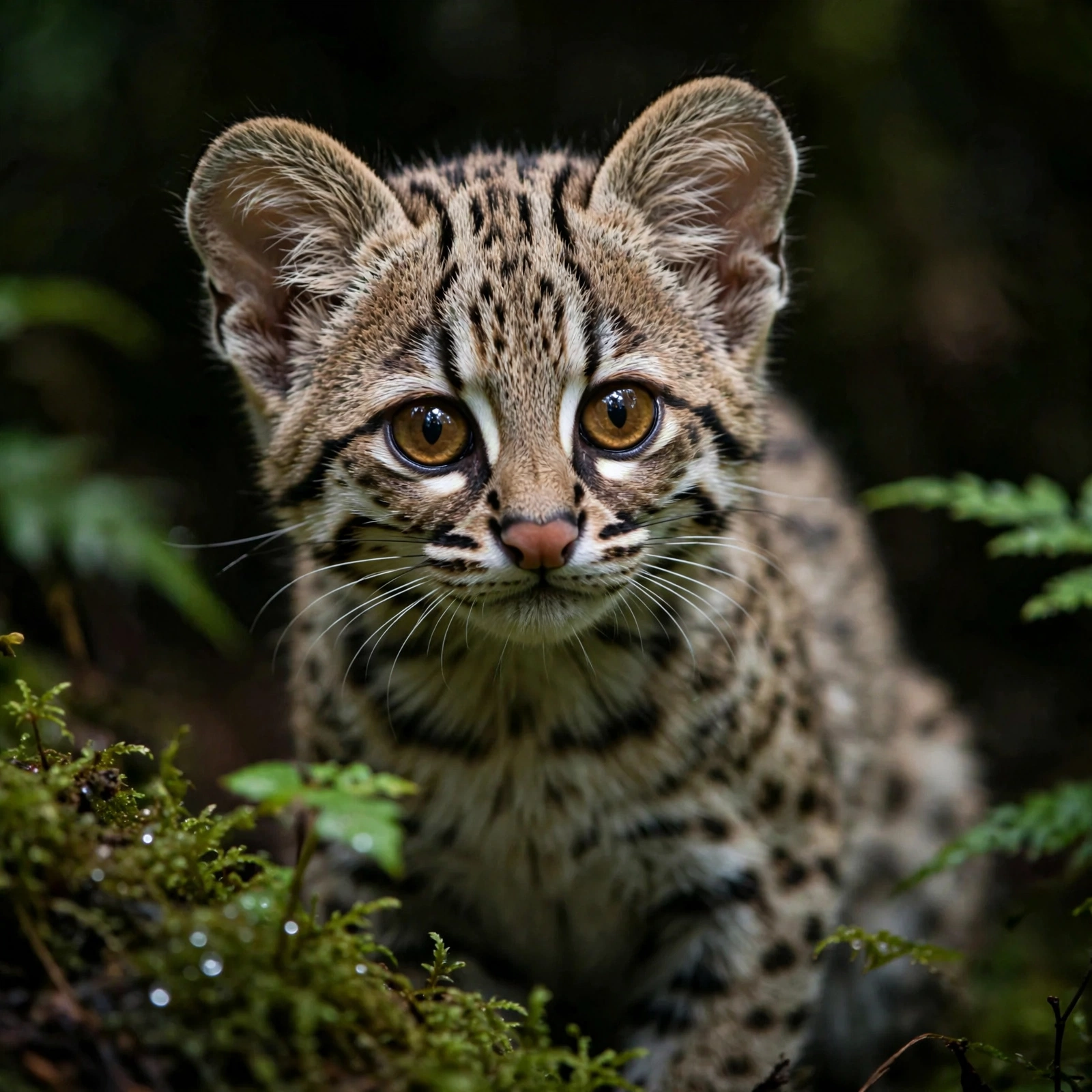 Close-up portrait of the tilcayo, a new tiger cat species with rounded ears and spotted coat