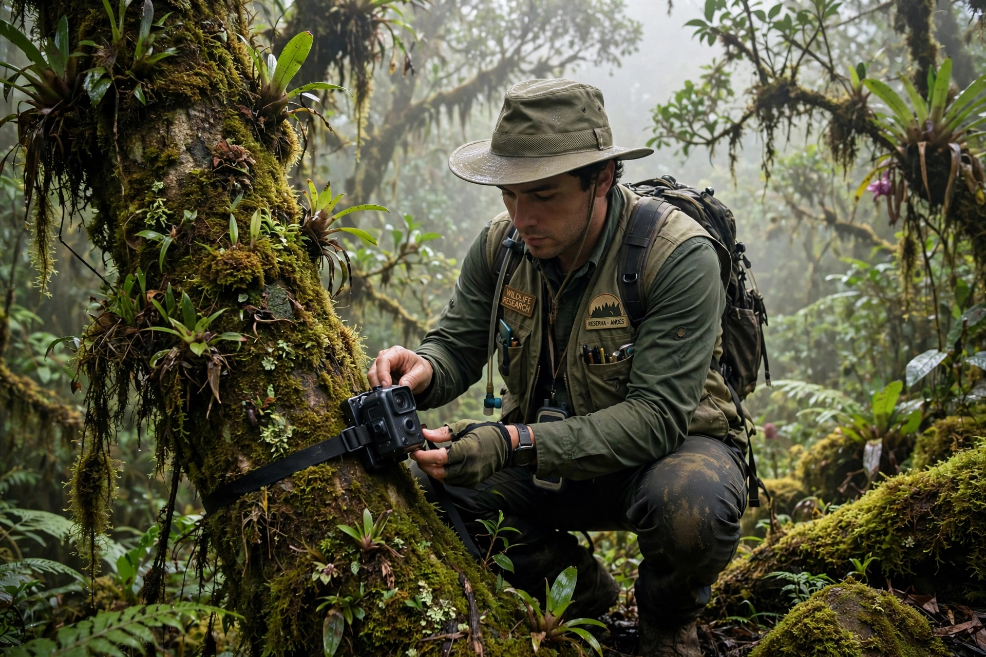 Wildlife researcher setting a camera trap in the South American cloud forest to study the new tiger cat species