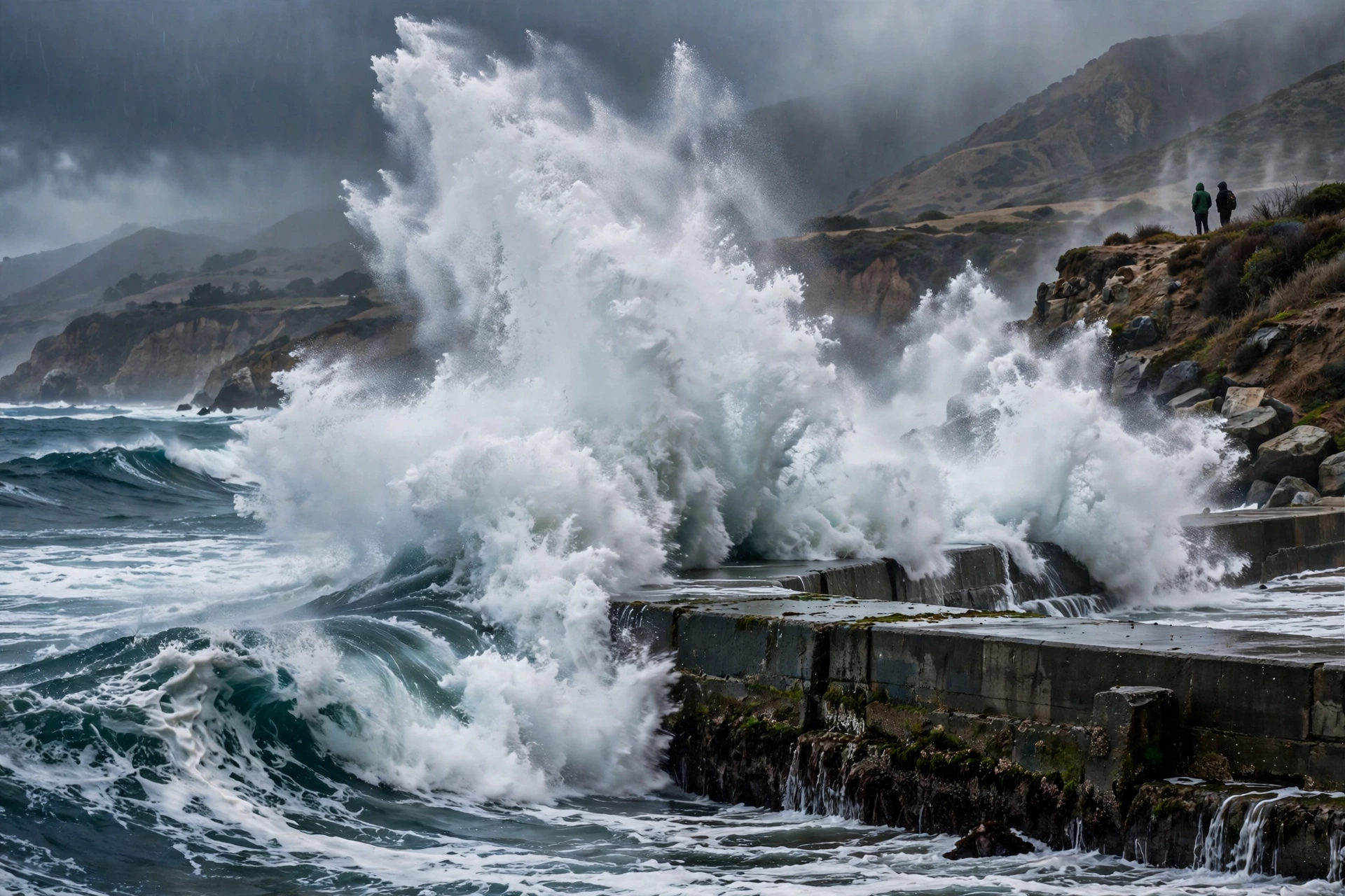 Large sneaker wave crashing over a rocky jetty during a beach hazards statement warning