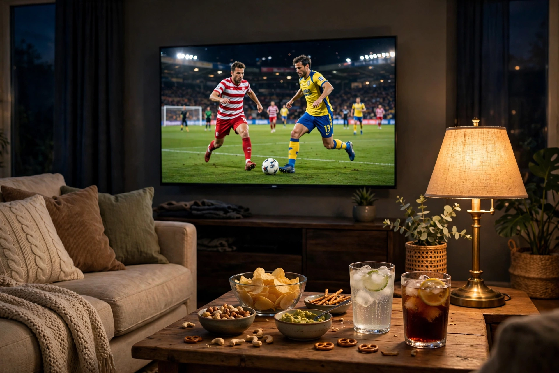 Living room at night with a big TV showing a football match between red-white and yellow-blue teams